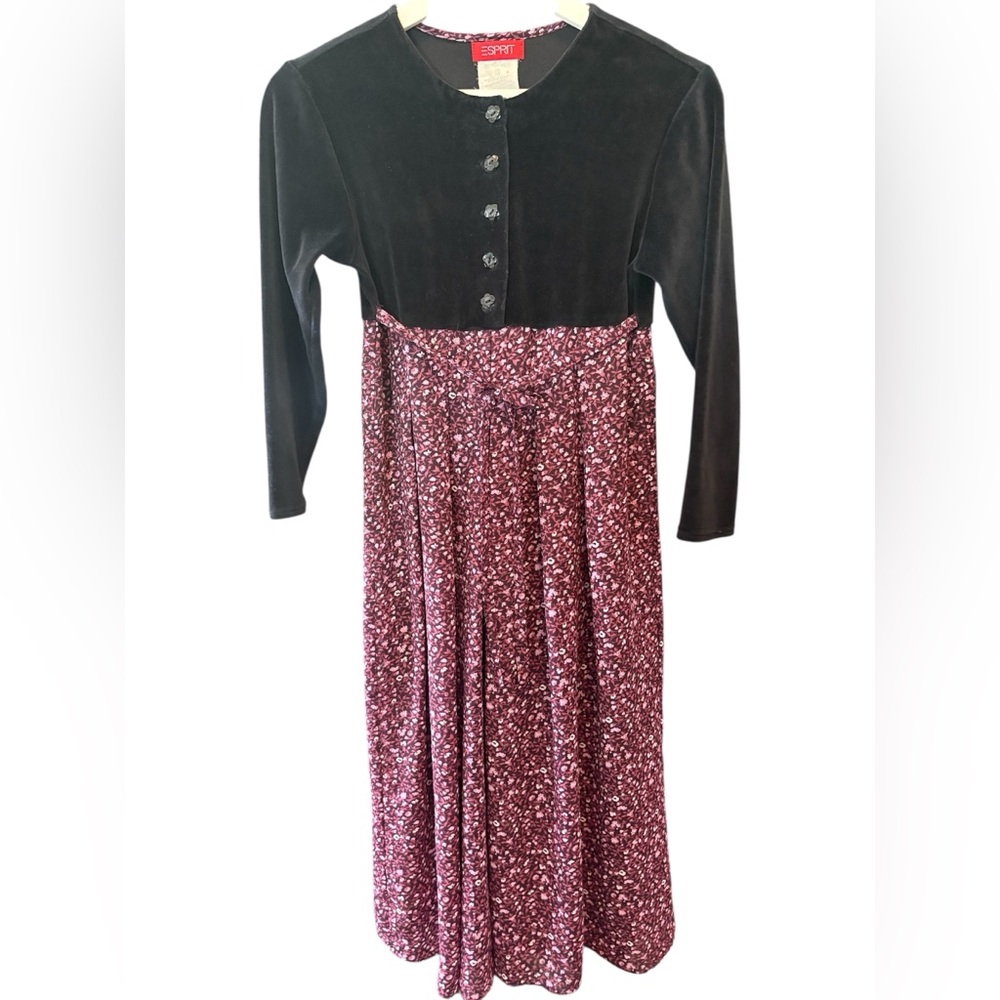 ESPIRIT YOUTH MEDIUM ✨ VINTAGE velour Black and Red Floral Dress good condition